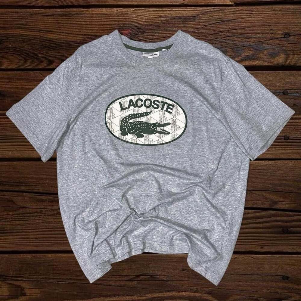 Lacoste Vintage Style Big Croc Logo Spellout Tee In Heather Grey Heavy Retro Spo